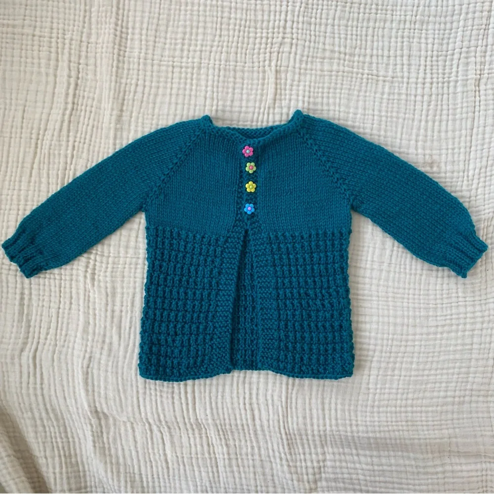 HANDMADE WOOL Cardigan Merino Blend Sweater Top Hand Knit Cozy Stitch Floral